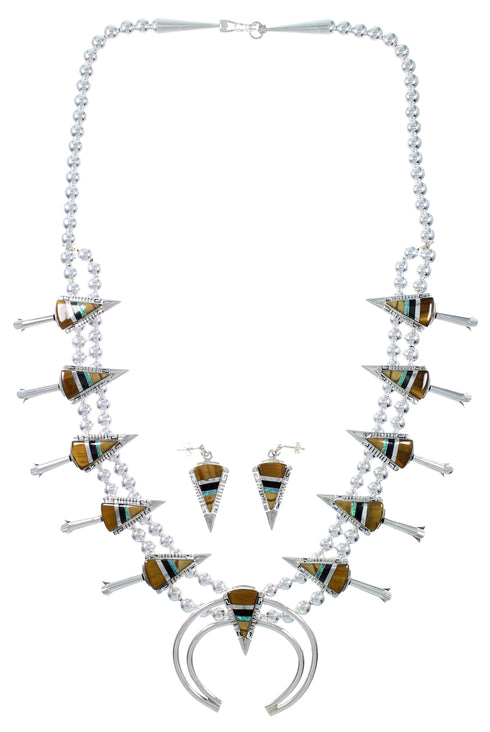 Multicolor Inlay Arrowhead And Water Wave Silver Squash Blossom Necklace Set AX94363
