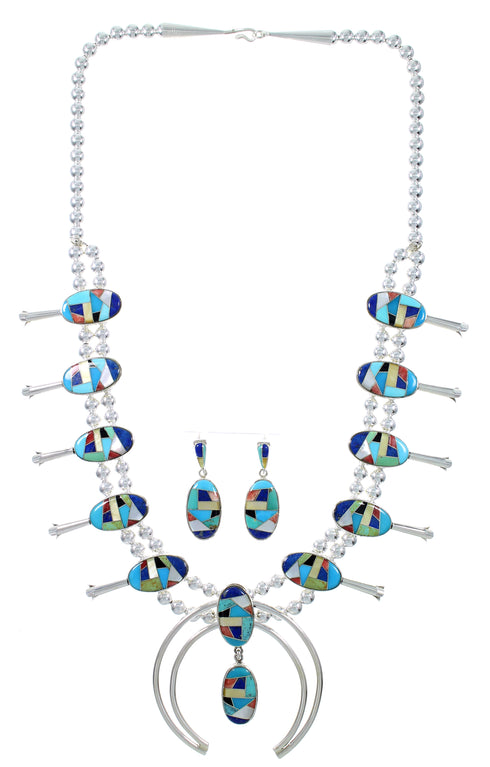 Multicolor Sterling Silver Squash Blossom Necklace Set AX94365