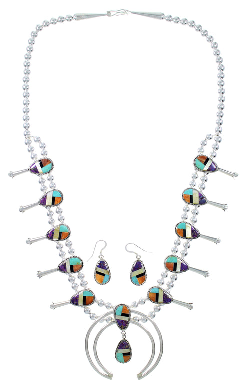 Multicolor Authentic Sterling Silver Squash Blossom Necklace Set AX94366