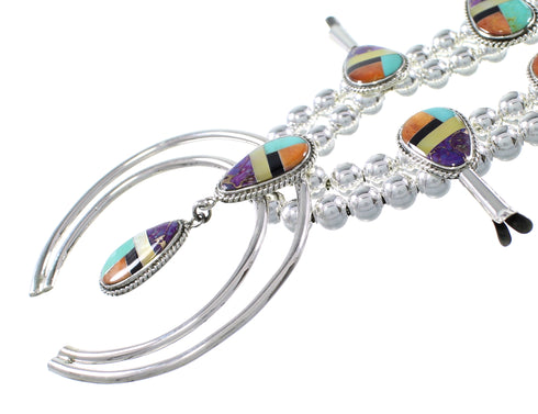 Multicolor Authentic Sterling Silver Squash Blossom Necklace Set AX94366