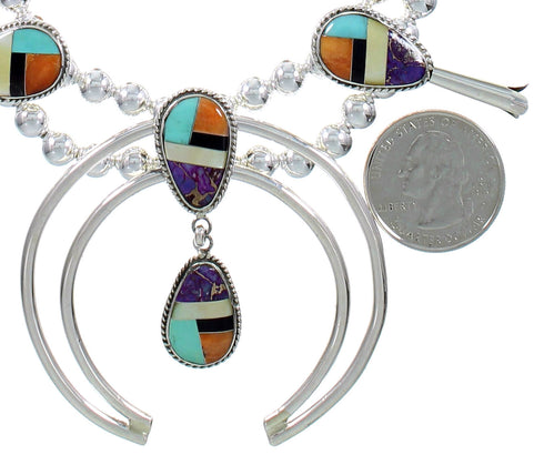 Multicolor Authentic Sterling Silver Squash Blossom Necklace Set AX94366