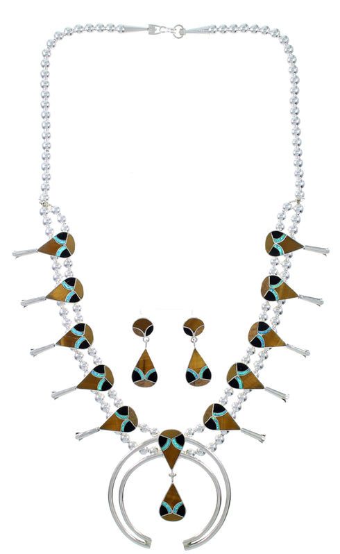 Multicolor Inlay Silver Southwest Squash Blossom Necklace Set AX94370