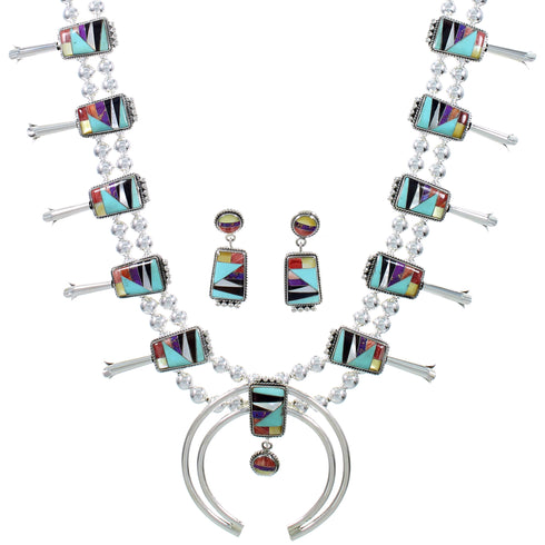 Multicolor Inlay Sterling Silver Squash Blossom Necklace Set AX94372