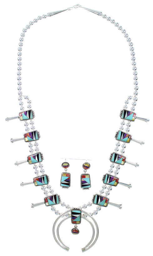 Multicolor Inlay Sterling Silver Squash Blossom Necklace Set AX94372