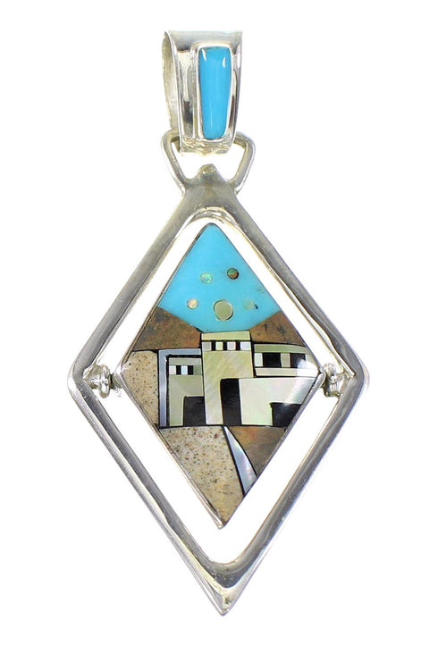 Genuine Sterling Silver Multicolor Native American Village Design Reversible Jewelry Pendant RX95690