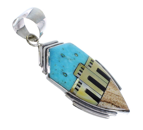 Multicolor Inlay Genuine Sterling Silver Native American Village Design Pendant RX94532