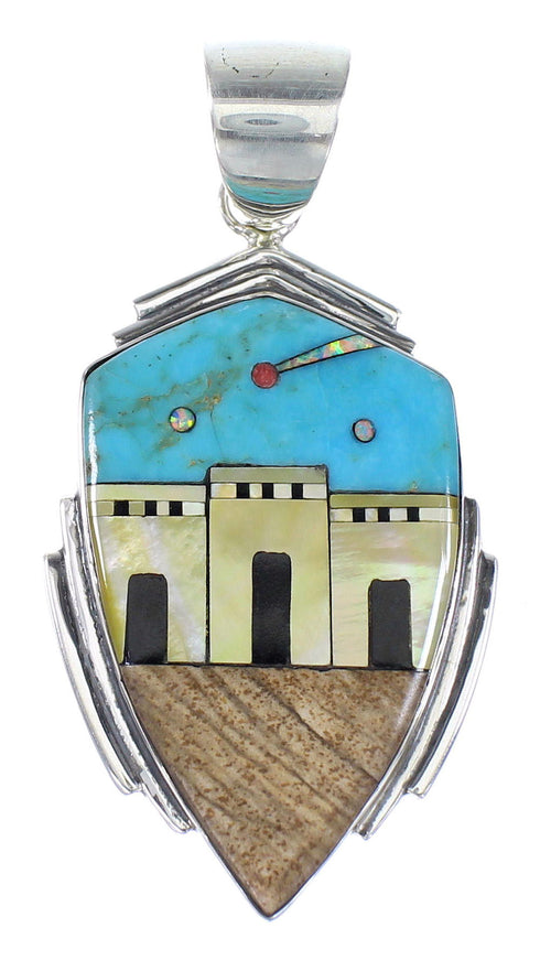 Authentic Sterling Silver Multicolor Native American Village Design Jewelry Pendant RX94533