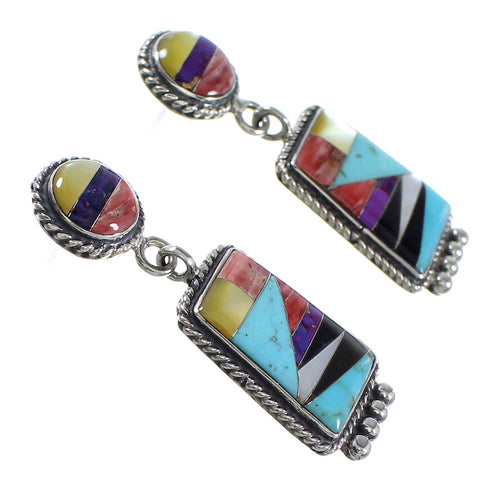 Multicolor Inlay Genuine Sterling Silver Post Dangle Earrings AX94675