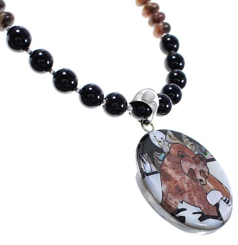 Sterling Silver Southwest Multicolor Inlay Bear Necklace Set AX94872