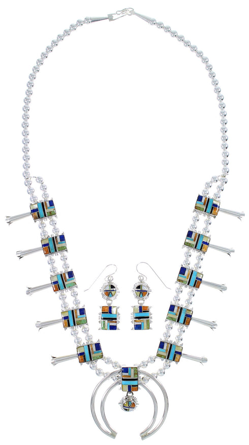 Multicolor Sterling Silver Southwest Squash Blossom Necklace Set AX94401