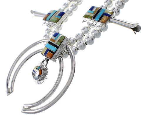 Multicolor Sterling Silver Southwest Squash Blossom Necklace Set AX94401