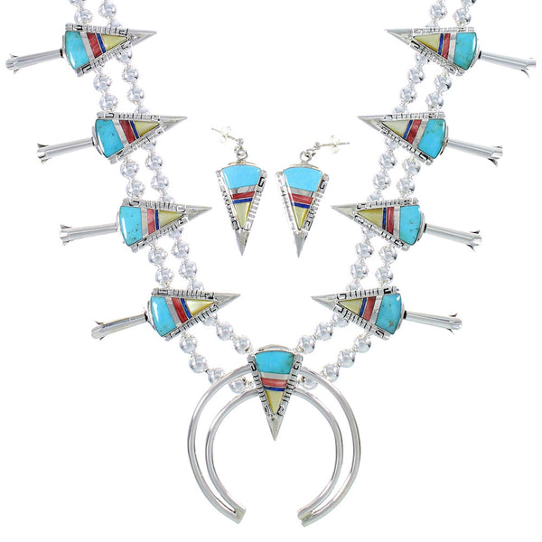 Multicolor Silver Water Wave And Arrowhead Squash Blossom Necklace Set AX94403