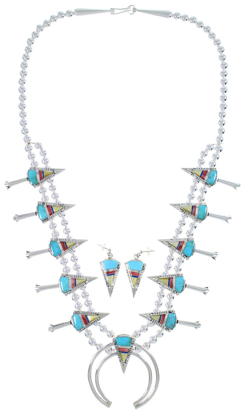 Multicolor Silver Water Wave And Arrowhead Squash Blossom Necklace Set AX94403