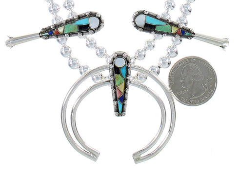Multicolor Inlay Sterling Silver Southwest Squash Blossom Necklace Set AX94407