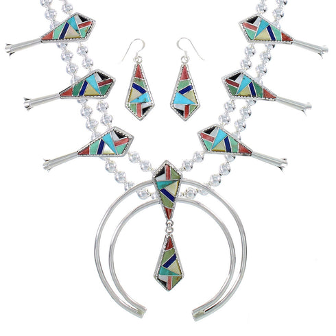 Multicolor Inlay Sterling Silver Squash Blossom Necklace Set AX94408