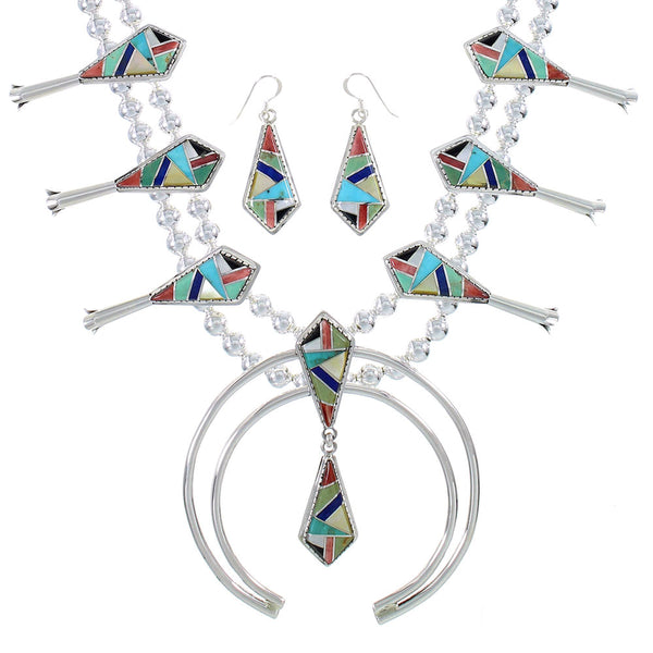 Multicolor Inlay Sterling Silver Squash Blossom Necklace Set AX94408