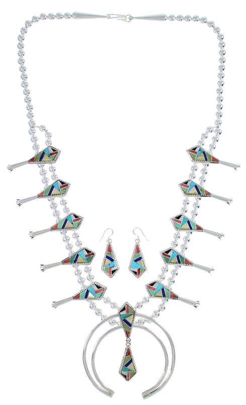 Multicolor Inlay Sterling Silver Squash Blossom Necklace Set AX94408