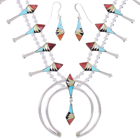 Sterling Silver Multicolor Inlay Squash Blossom Necklace Set AX94412