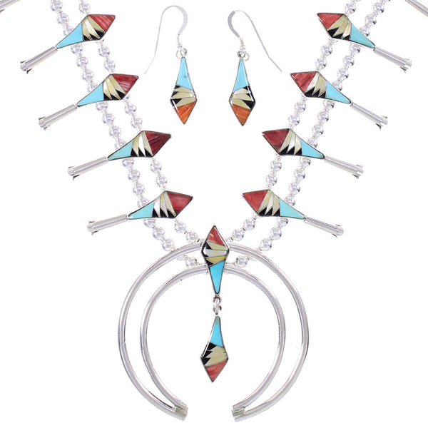 Sterling Silver Multicolor Inlay Squash Blossom Necklace Set AX94412