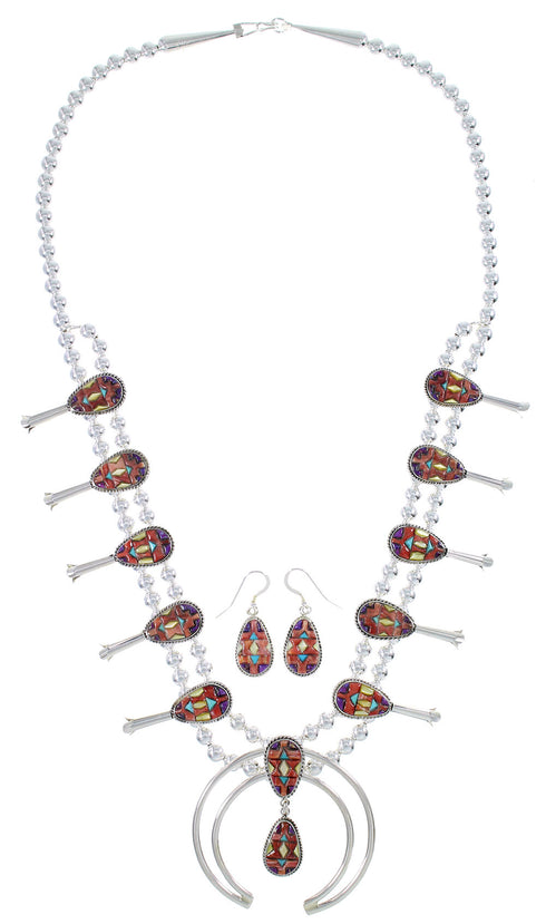 Silver Southwestern Multicolor Inlay Squash Blossom Necklace Set AX94433