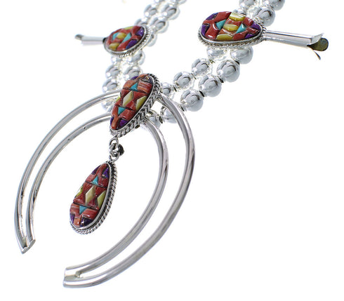 Silver Southwestern Multicolor Inlay Squash Blossom Necklace Set AX94433