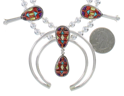 Silver Southwestern Multicolor Inlay Squash Blossom Necklace Set AX94433