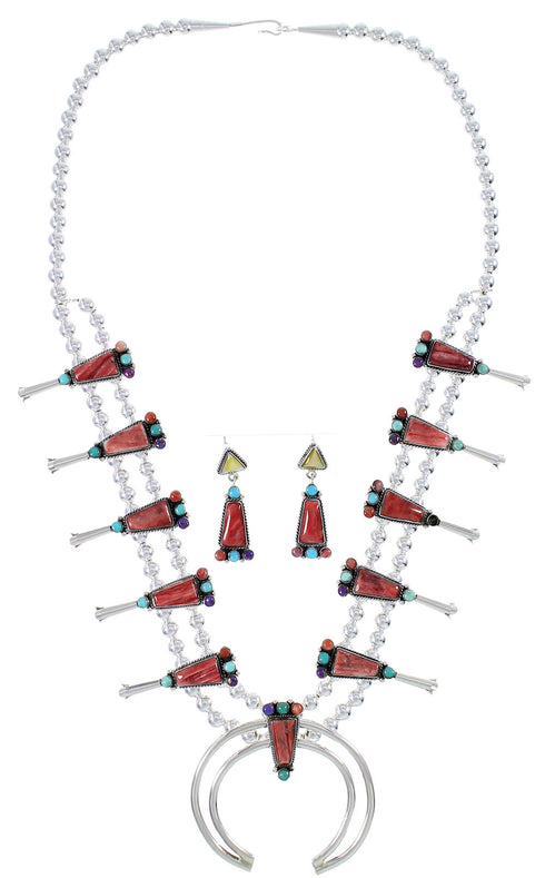Silver Southwestern Multicolor Squash Blossom Necklace Set AX94437