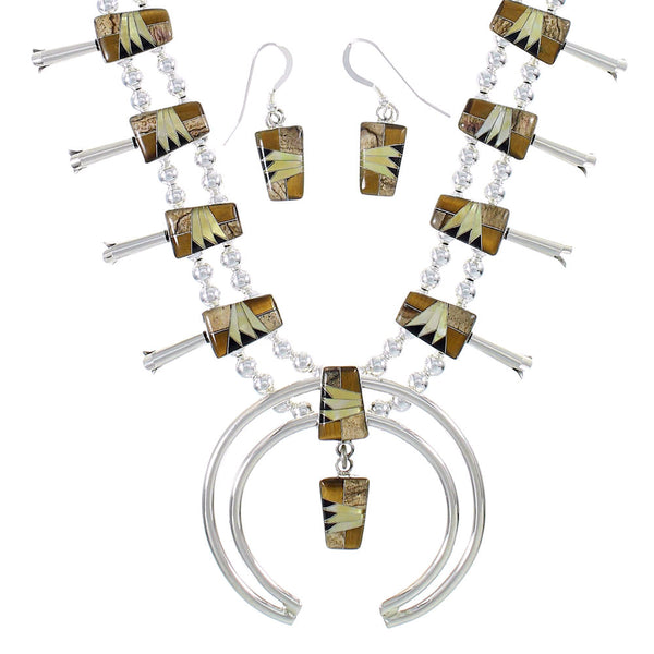 Genuine Sterling Silver Multicolor Squash Blossom Necklace Set AX94457
