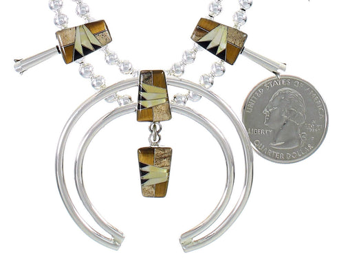 Genuine Sterling Silver Multicolor Squash Blossom Necklace Set AX94457