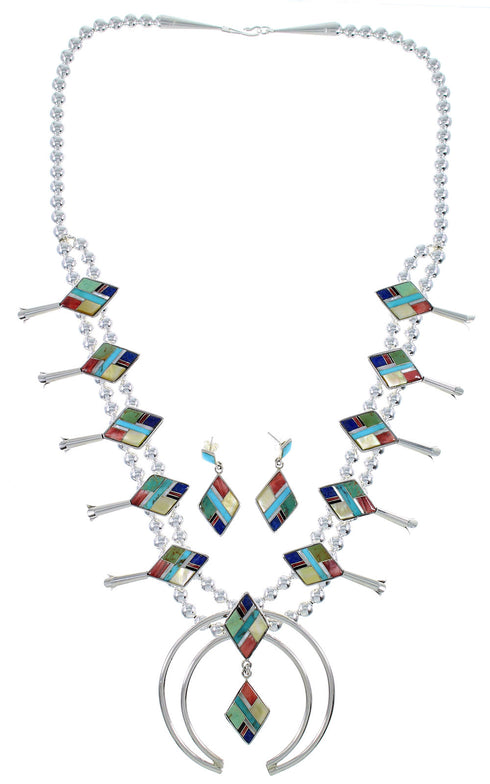 Sterling Silver Multicolor Squash Blossom Southwest Necklace Set AX94463