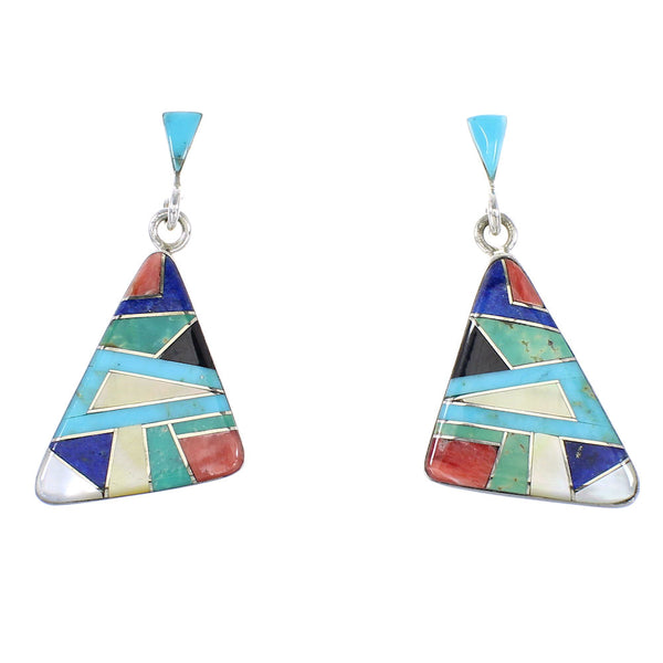 Silver Multicolor Inlay Southwestern Post Dangle Earrings AX95348