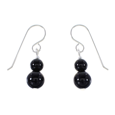 Navajo Onyx Silver Bead Hook Dangle Earrings AX95937
