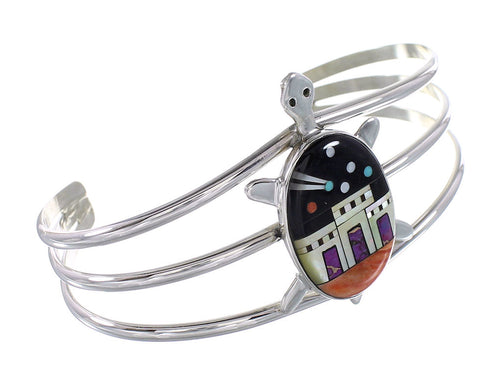 Multicolor Inlay Native American Village Design Turtle Sterling Silver Cuff Bracelet RX95895