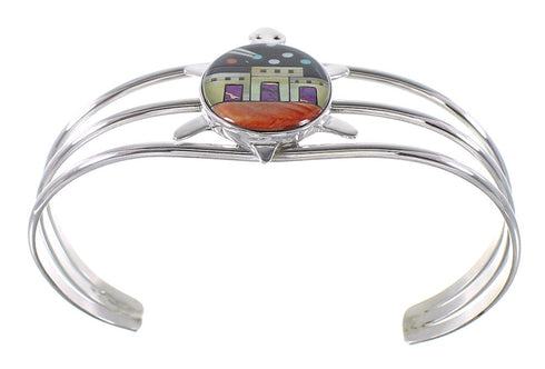 Multicolor Inlay Native American Village Design Turtle Sterling Silver Cuff Bracelet RX95895