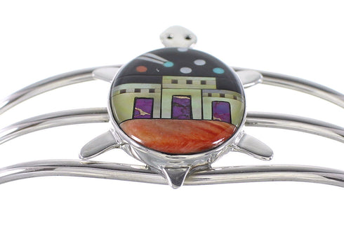 Multicolor Inlay Native American Village Design Turtle Sterling Silver Cuff Bracelet RX95895