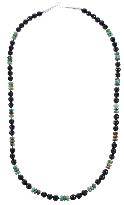 Navajo Sterling Silver Onyx Turquoise Bead Necklace RX96120