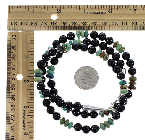 Navajo Sterling Silver Onyx Turquoise Bead Necklace RX96120