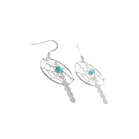 Turquoise Sterling Silver Navajo Dream Catcher Feather Hook Dangle Earrings AX97738