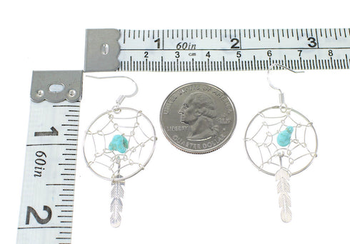 Turquoise Sterling Silver Navajo Dream Catcher Feather Hook Dangle Earrings AX97738
