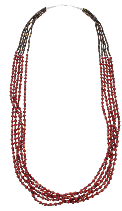 Sterling Silver Coral And Pin Shell Navajo 5-Strand Bead Necklace AX98188