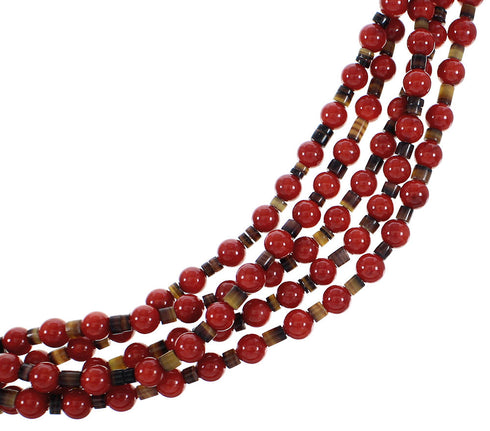 Sterling Silver Coral And Pin Shell Navajo 5-Strand Bead Necklace AX98188