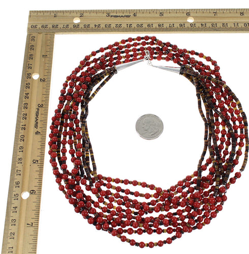 Sterling Silver Coral And Pin Shell Navajo 5-Strand Bead Necklace AX98188