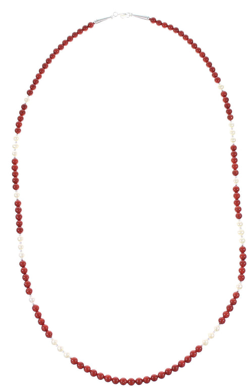 Coral And Fresh Water Pearl Sterling Silver Navajo Bead Necklace AX98192