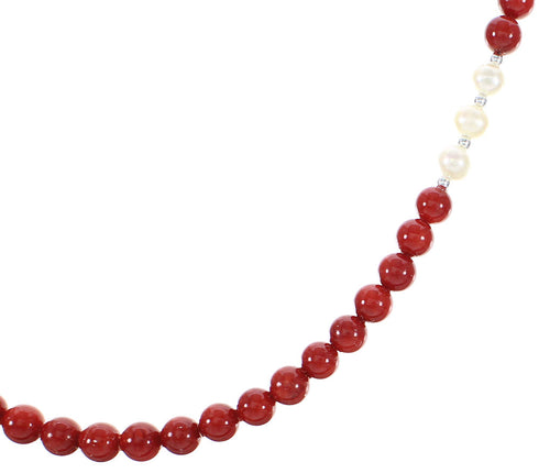 Coral And Fresh Water Pearl Sterling Silver Navajo Bead Necklace AX98192