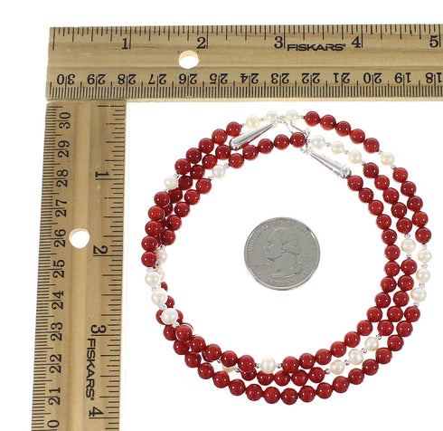 Coral And Fresh Water Pearl Sterling Silver Navajo Bead Necklace AX98192