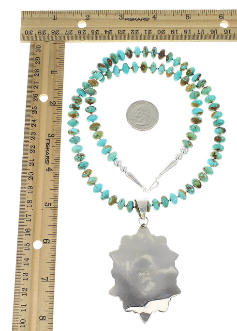 Kingman Turquoise Genuine Sterling Silver Navajo Bead Necklace Set AX98171