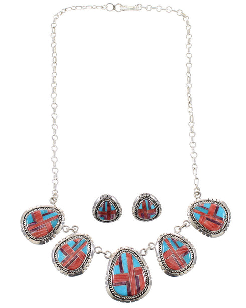 Multicolor Sterling Silver Southwestern Necklace And Earrings Set EX54158