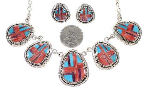 Multicolor Sterling Silver Southwestern Necklace And Earrings Set EX54158