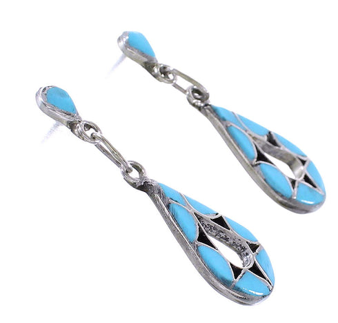 Zuni Turquoise Inlay Authentic Sterling Silver Post Dangle Earrings RX98799