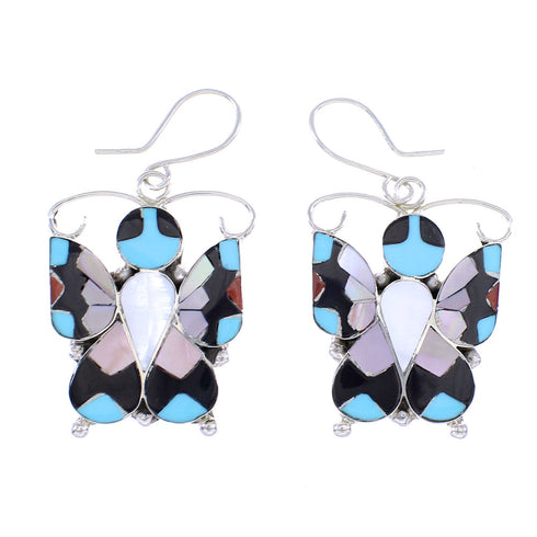 Sterling Silver Multicolor Zuni Butterfly Jewelry Hook Dangle Earrings RX98817